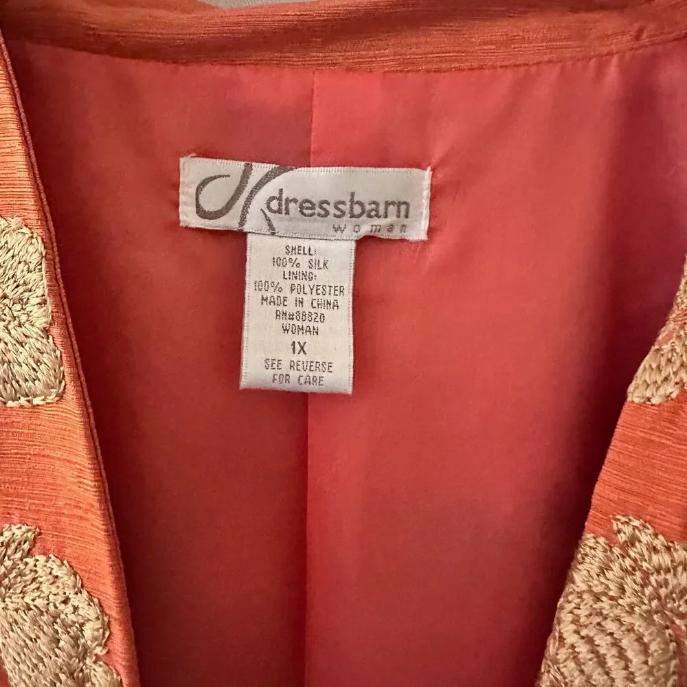 Dress Barn Orange & Gold 100% Silk Gold Floral Embroidered Blazer Jacket Size 1X